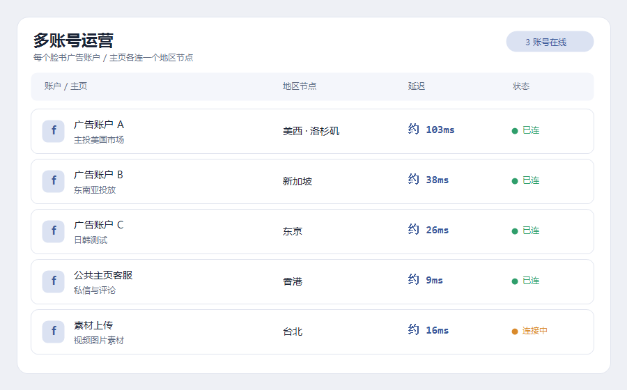 Facebook加速器多账号运营面板，多个脸书广告账户和公共主页分别固定不同地区节点